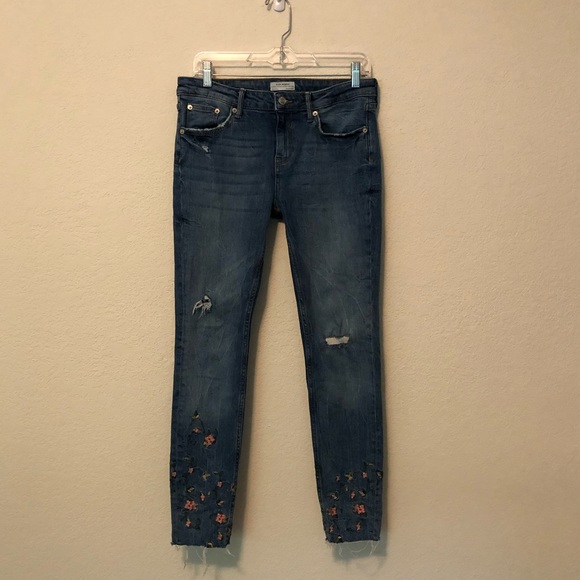 Zara Jeans Embroidery Floral Skinny Fit Raw Hem Premium Denim 6